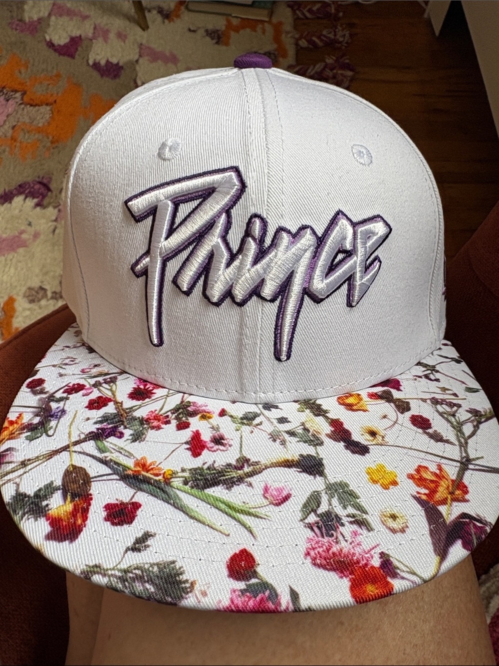 Prince adults  Floral Brim Snapback Hat - White & Purple Melonwear brand